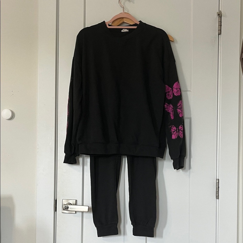 Two piece Elegant Black Sweatshirt with Pink Butterfly Accents